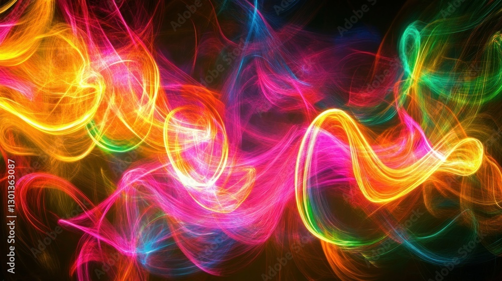 Poster abstract multicolored luminous wavy lines flowing across a dark space
