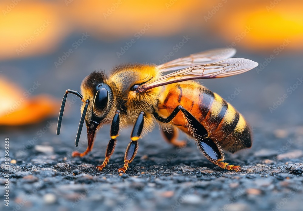 Poster close-up view of a honeybee on a surface with a warm background highlighting the detail of its body 