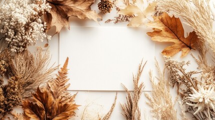 A beautiful arrangement of autumn foliage and blank paper