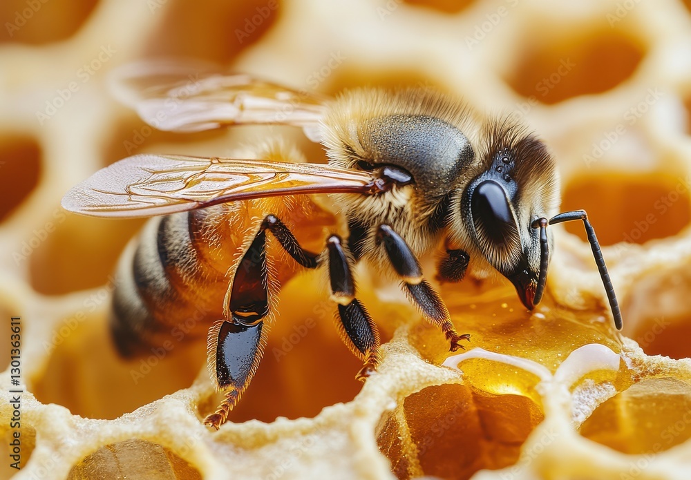 Poster close-up view of a honeybee on honeycomb with detailed features and vivid colors in natural habitat 