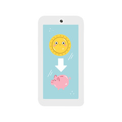 kawaii smarfton with coin and piggy bank money transfer