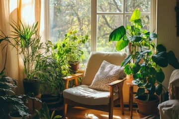 Fototapeta premium Cozy Sunlit Room with Abundant Greenery - Serene indoor scene, sunlight streaming through a window illuminating lush potted plants and a comfortable armchair. Symbols of peace, growth, nature