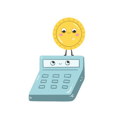 Kawaii coin and calculator financial literacy and Investing vector illustration