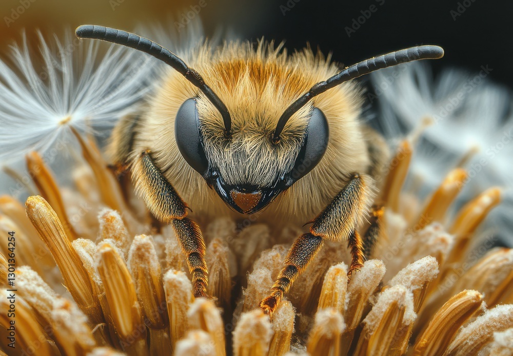 Poster close-up view of a honeybee pollinating a flower with soft focus background and detailed texture of 