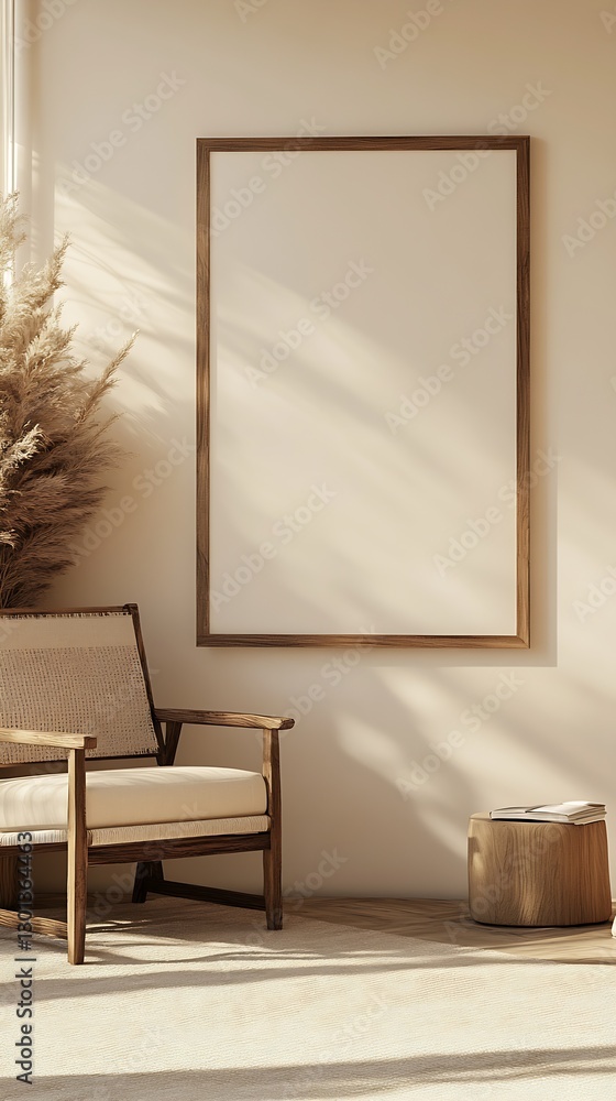 Poster chic modern living space featuring a cozy chair and an empty frame illuminated by soft natural sunli
