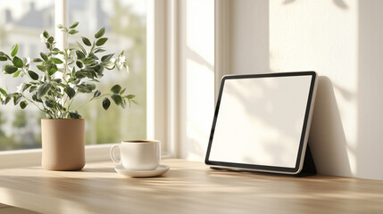 Fototapeta premium Tablet mockup on wooden desk with coffee and plants