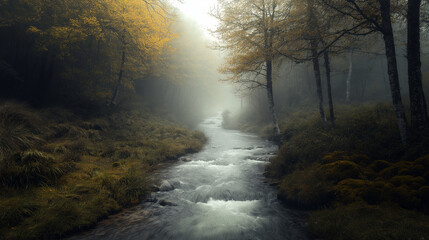 Obraz premium Quiet mist-covered river flowing gently through a lush forest, evoking peaceful and serene vibes.