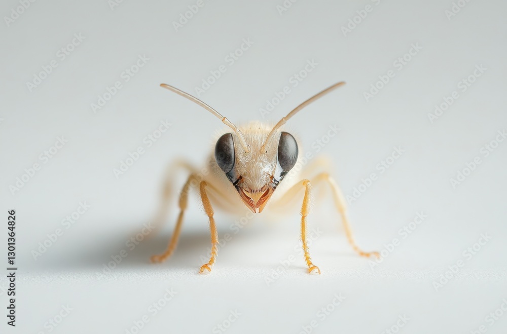 Poster close-up view of a light-colored insect with large black eyes against a soft gray background capturi