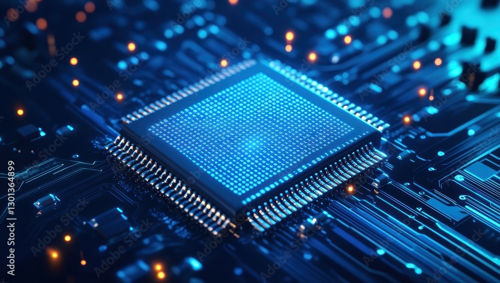 Poster close-up view of a microchip on a circuit board with bright blue lights illuminating the electronic 