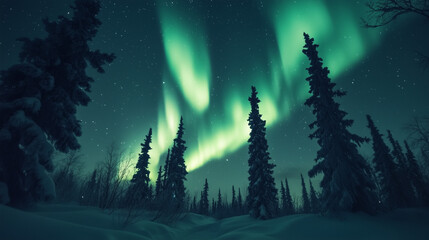 Naklejka premium Breathtaking Night Sky Alive with Dazzling Aurora Borealis Over an Enchanting Mystical Frozen Winter Landscape