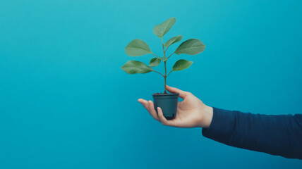 A person is holding a plant in a blue pot