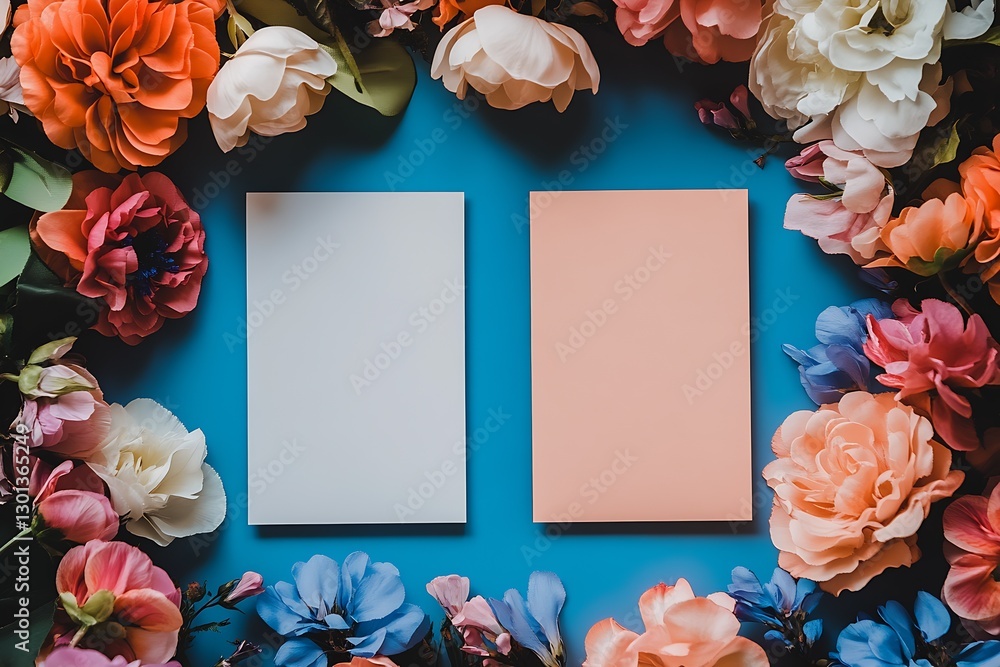 Poster Charming display of two blank note cards surrounded by a delightful mix of flowers on a blue backdrop : Generative AI
