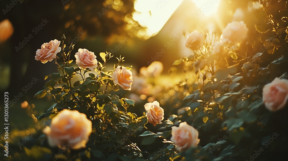 Poster charming view of vibrant peach roses basking in evening sun with soft bokeh effect : generative ai
