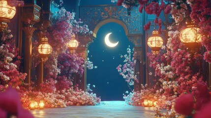 Obraz premium A floral archway reveals the moon and stars at night