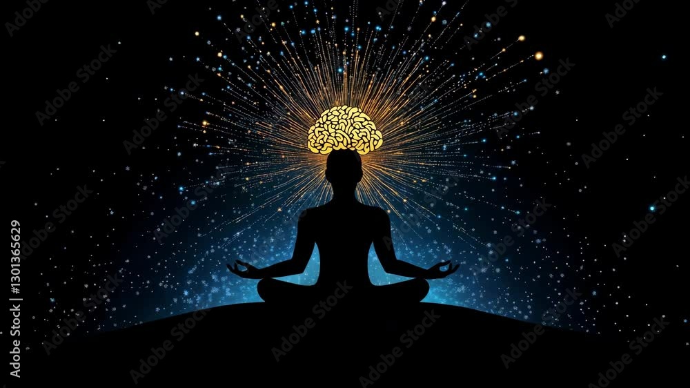 Poster an individual is meditating while a bright brain visualization emits light in a tranquil cosmic back