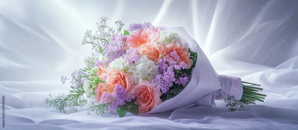 Poster luxurious floral bouquet in soft wrapping showcasing varied blooms against an elegant textured backd