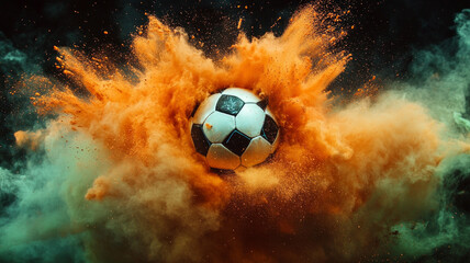 Fototapeta premium A soccer ball is in the middle of a cloud of orange dust