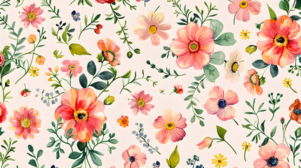 Whimsical Floral Frenzy: Vibrant Hand-Drawn Flowers and Leafy Vines in Seamless Pastel Pattern