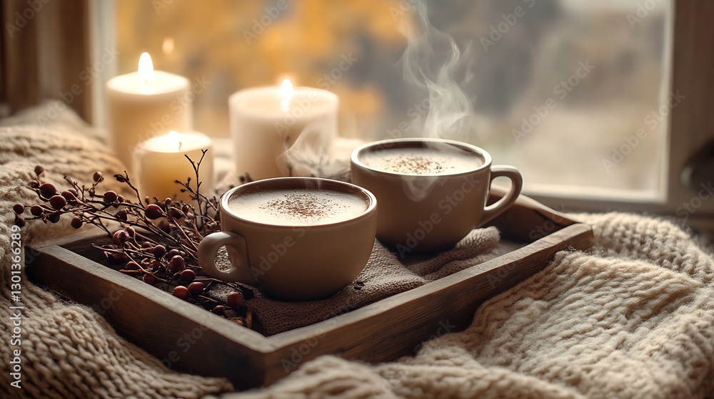 Aufkleber warm and inviting autumn setup with steaming hot chocolate in cups on a wooden tray with candles and