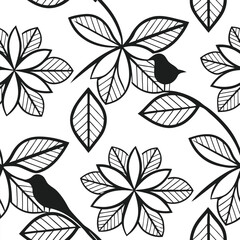 Seamless pattern with black birds and flowers with leaves on a white background, flat design, vector illustration