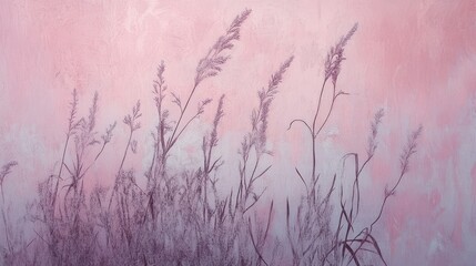 Delicate grasses rise against a soft pink and white background