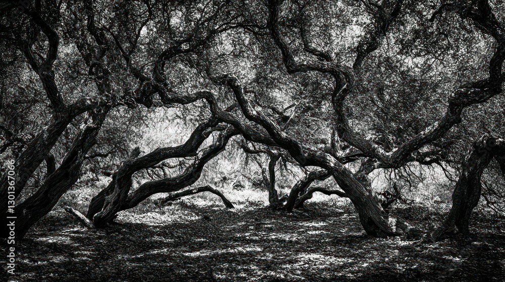 Poster black and white image featuring ancient trees with twisted branches