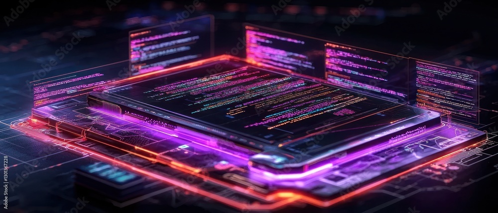 Poster neon code: futuristic digital data visualization