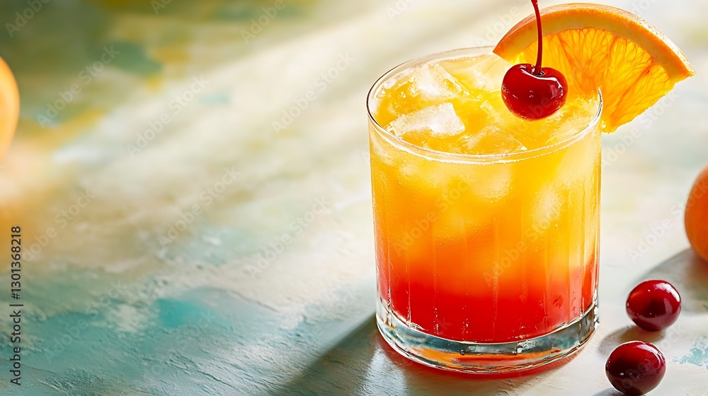 Poster Bright and colorful cocktail in a glass adorned with cherries and oranges on artistic background : Generative AI