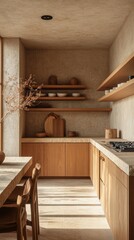 This beautiful kitchen showcases a Japanese-inspired design with natural wood cabinetry and minimal decor. Sunlight enhances the clean lines and warm tones, creating a serene cooking space