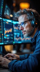 Fototapeta premium Focused professional analyzing data on monitors in high-tech trading environment
