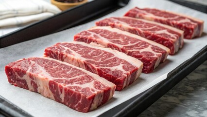 Fototapeta premium Uncooked short ribs laid out on a white surface, ready for preparation, emphasizing the rich marbling and red color of the beef