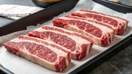 Fototapeta premium Freshly cut beef ribs, displayed on parchment paper in a tray, highlighting the texture and quality of the raw meat