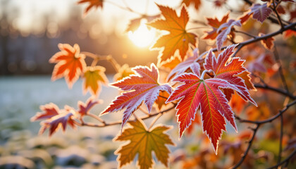 Vibrant autumn leaves covered in frost at sunrise, seasonal beauty