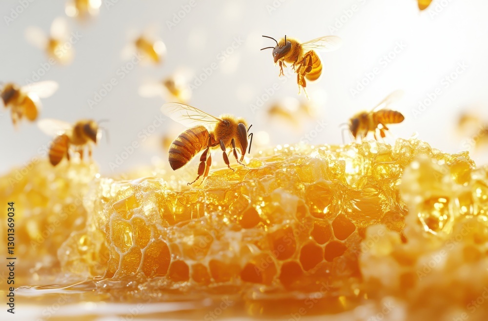 Poster close-up view of bees collecting nectar from honeycomb surrounded by golden honey in a bright natura