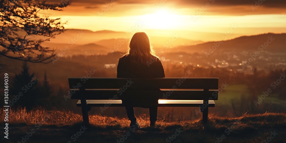 Aufkleber Contemplative figure enjoying a scenic sunset view on a bench in the mountains : Generative AI