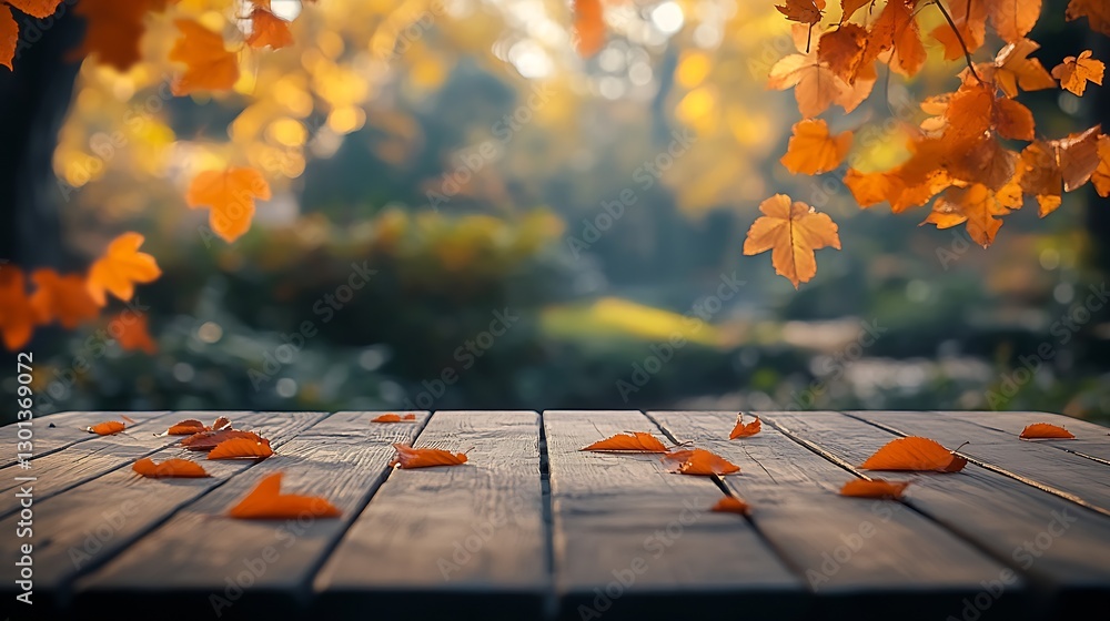 Aufkleber autumn leaves scattered on a rustic wooden table in a serene park setting with vibrant foliage : gen
