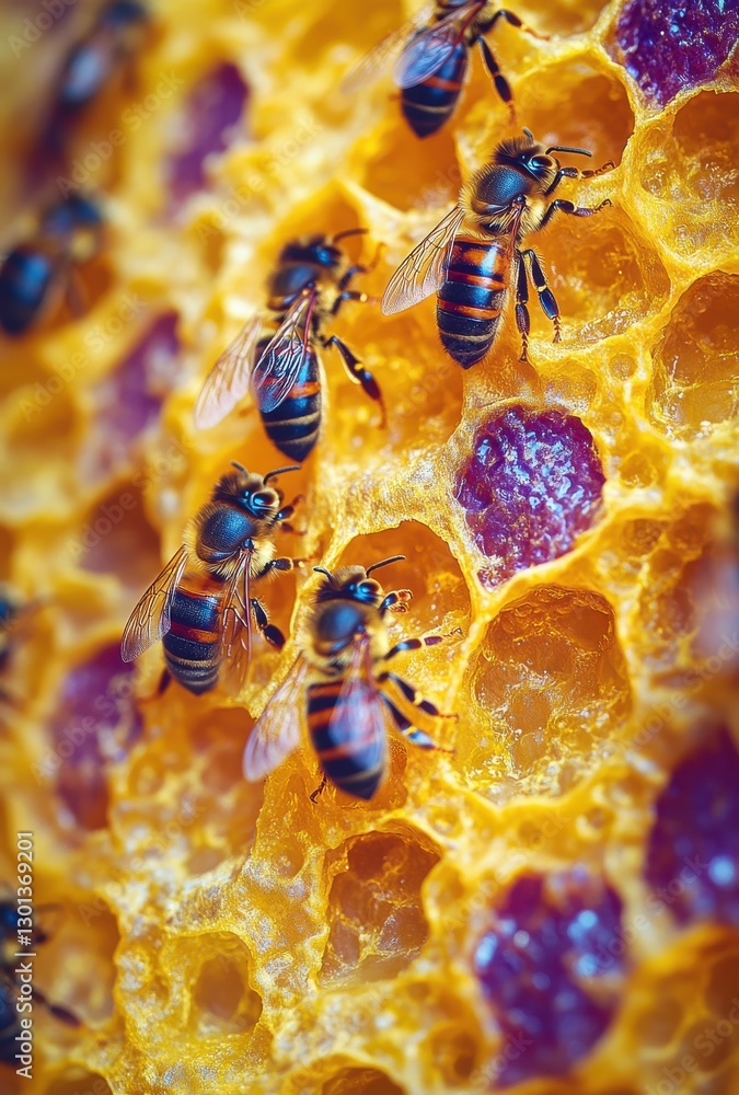Poster close-up view of bees collecting nectar on honeycomb in a colorful honey production environment