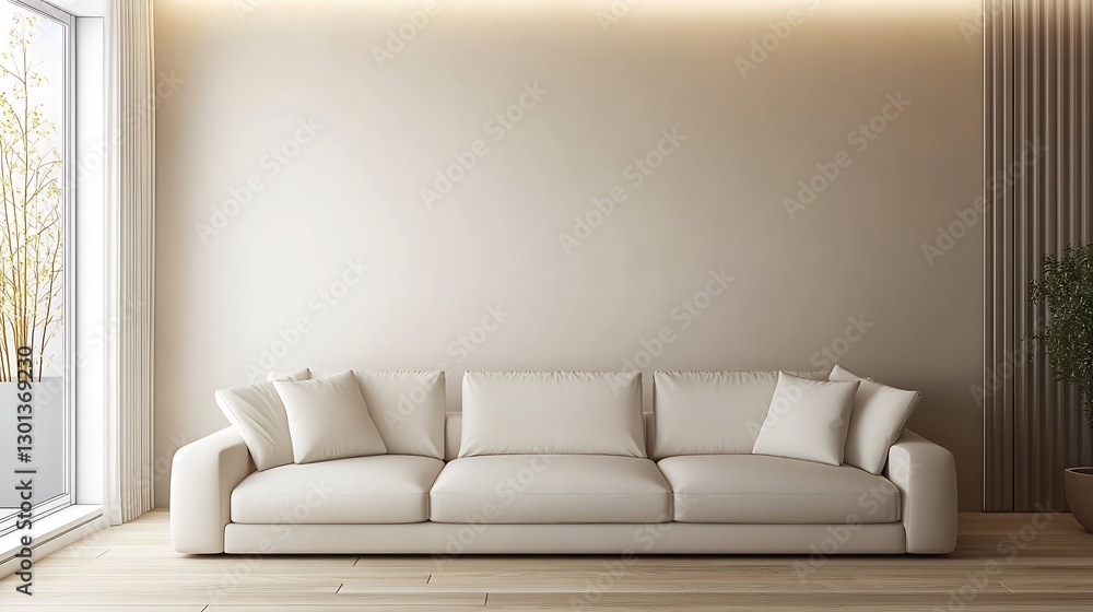 Aufkleber Elegant minimalist living space featuring a comfortable white sofa with simple decorative elements : Generative AI