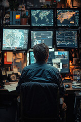 Obraz premium Global data analysis workspace with multi-screen setup for cyber security and network management