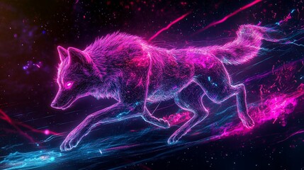 A vibrant neon wolf with glowing lines races across a cosmic, starry night background