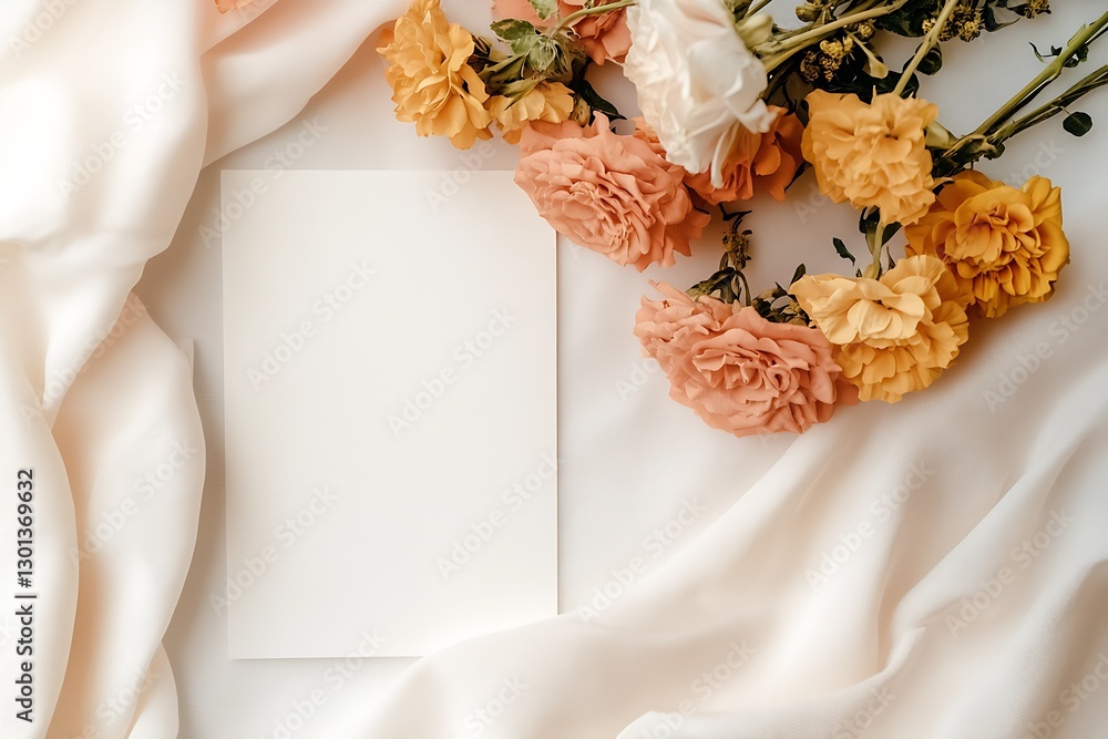 Aufkleber vibrant flowers scattered around a blank card on soft fabric creating a tranquil design atmosphere :