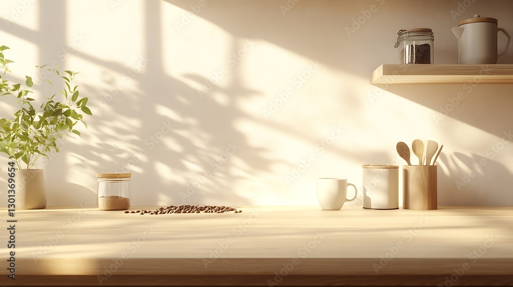 Poster Stylish kitchen counter setup highlighting vibrant containers and utensils along with soothing sunlight peeking through : Generative AI
