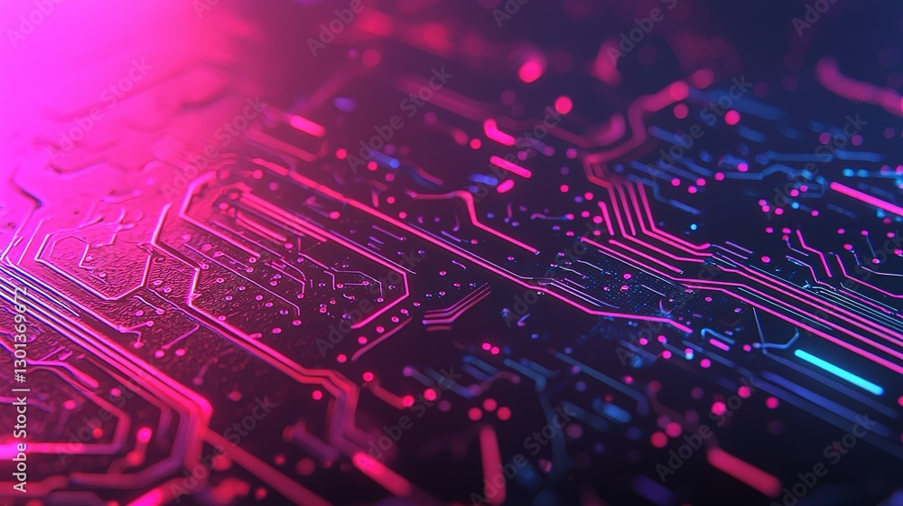 Aufkleber macro view of glowing elements on a circuit board a futuristic neon technology concept
