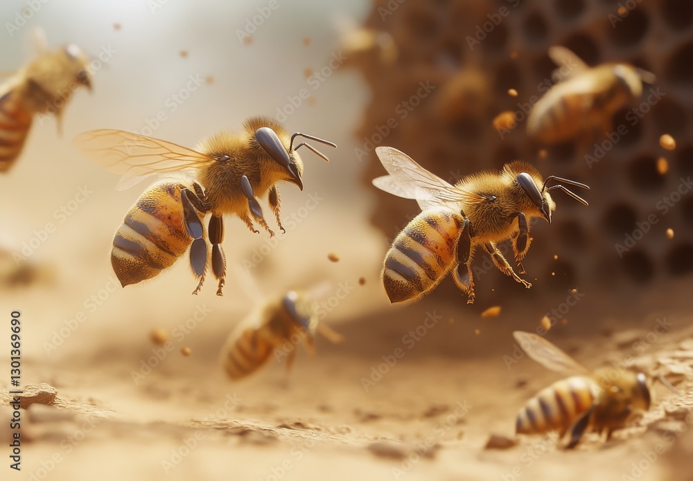 Poster close-up view of bees flying near honeycomb with soft natural lighting creating a serene and busy at