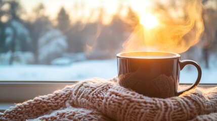 Cozy cup of steaming coffee on a warm sweater by the window at sunrise in winter : Generative AI