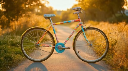 Fototapeta premium A colorful bicycle stands stationary on a golden pathway