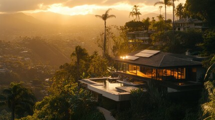 Golden Sunset Lighting a Luxury Home and Lush Hillside