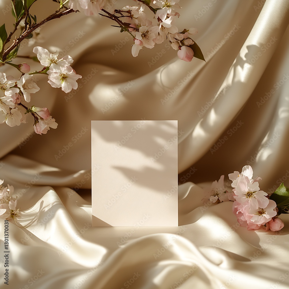 Poster soft satin fabric displaying a blank card delicately accented by vibrant cherry blossoms enhancing t
