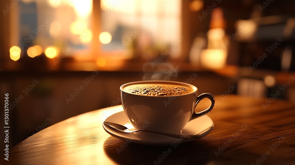Poster charming coffee cup with steam rising on a wooden table creating a serene cafe vibe : generative ai