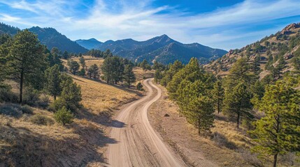 Fototapeta premium A dirt road winds through mountains and trees on a sunny day